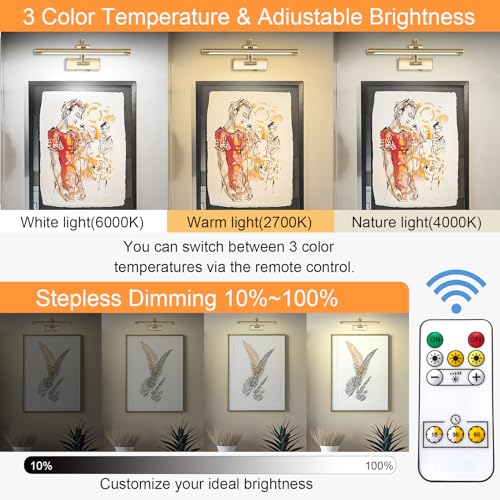 Tassuowell Wireless Picture Lights for Wall Rechargeable, Battery Operated Art Light for Paintings, 3CCT Dimmable, 15.7" Brass Finish with Remote, Rotatable Gallery Light for Pictures Display - color: Brass, size: 15.7inch
