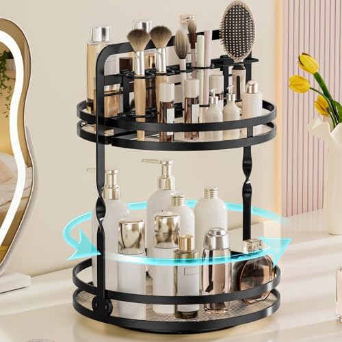 Rotating Makeup Vanity Organizer, 360 Spinning Perfume Organizer for Dresser, 2 Tier Bathroom Countertop Organizer, Black Lazy Susan Skincare Storage, Cosmetic Display Case with Brush Holder - color: Upgraded -Black