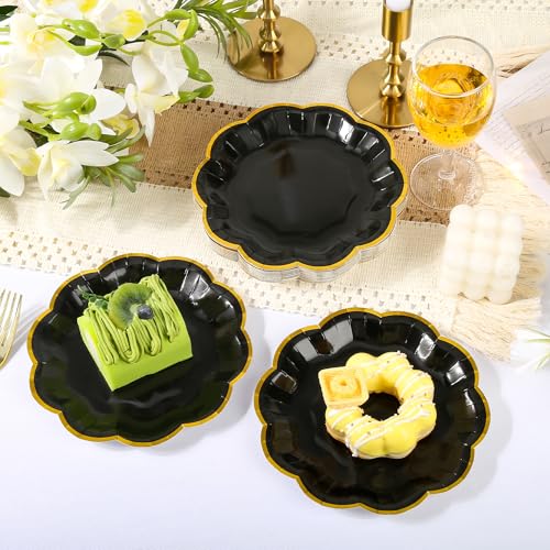 AimFun 48 Pcs Graduation Black and Gold Scalloped Paper Plates 7 Inch Disposable Dessert Plates with Gold Foil Elegant Cake Plate for Wedding Birthday Baby Shower Party Supplies - color: Black