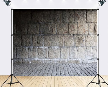 Trykid 9x6ft Stone Wall Backdrop Rough Granite Blocks Cobblestone Floor Neutral Tone Photography Background Urban Shoots Tapestry Party Decoration Photo Studio Prop Fabric - size: 9x6ft