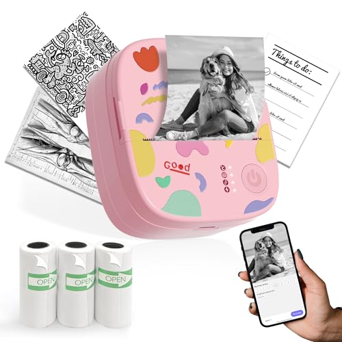 Mini Sticker Printer AHM2, Mini Thermal Printer with 3 Rolls Paper, Bluetooth Inkless Printpods, Pocket Label Maker Suitable for Creative Kids DIY, Diaries, Photos, Study Notes -Light Pink - color: Light Pink