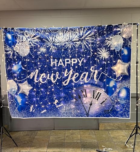 Blue Happy New Year Backdrop 2026 New Year Eve Party Photography Background Fireworks Navy Blue Silver Glitter Sequin New Years Party Decor Supplies Banner Gift Ideas Favor (10X8FT(120x96 inch)) - size: 10X8FT(120x96 inch)