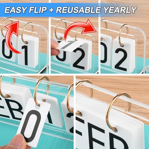 Cosmos Desk Flip Calendar Perpetual Desk Date Calendar Ring Flip Daily Block Calendar for Home Office Teacher Desktop Accessory, Reusable Month Day Display Desk Standing Calendar Decoration, Acrylic