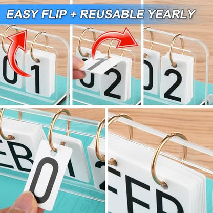 Cosmos Desk Flip Calendar Perpetual Desk Date Calendar Ring Flip Daily Block Calendar for Home Office Teacher Desktop Accessory, Reusable Month Day Display Desk Standing Calendar Decoration, Acrylic