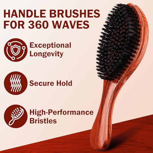 Handle Brushes for 360 Waves - Hard Wave Hair Brushes Wave Styler Great for Wolfing Wave Styler Brush Great for Black Hair - Boar & Nylon Bristle Curve Wave Brush for Barbers & Daily Use (Red)