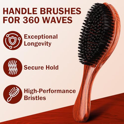 Handle Brushes for 360 Waves - Hard Wave Hair Brushes Wave Styler Great for Wolfing Wave Styler Brush Great for Black Hair - Boar & Nylon Bristle Curve Wave Brush for Barbers & Daily Use (Red)