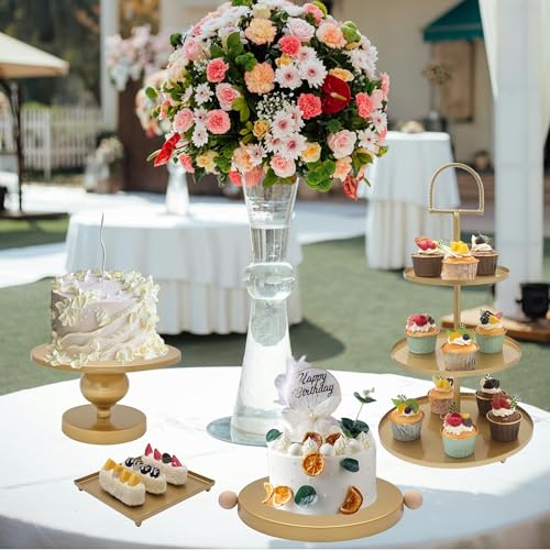 Set of 7 Gold Cake Stands Metal Dessert Display Holder Round 3 Tier Cupcake Stand Serving Tray Platter Cake Pedestal Stand for Party Weddings Birthday Baby Showers Anniversary - color: Gold