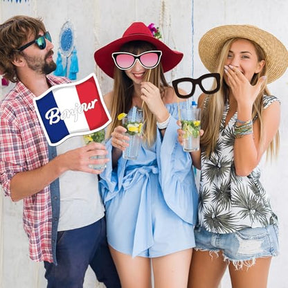 25 Pcs France Photo Booth Props Kit, Paris Themed Party Selfie Decorations, Bonjour I Love France Photography Supplies