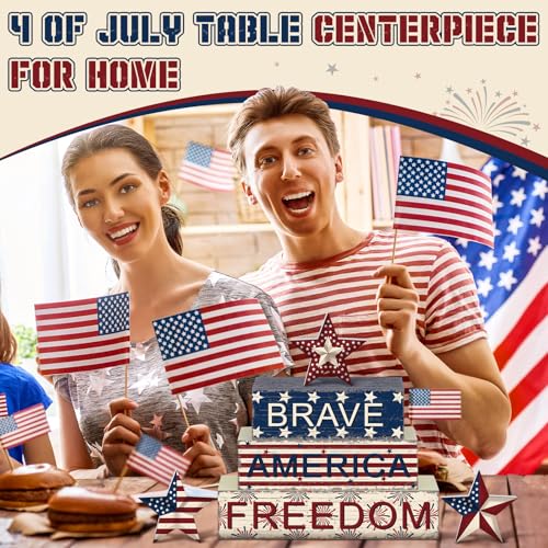 Geelin 6 Pieces Memorial Day Table Decorations Patriotic Wooden Block Signs 4th of July Centerpieces Freedom Brave Red White Blue Tiered Tray Decor for Home 250th Anniversary - style: Star