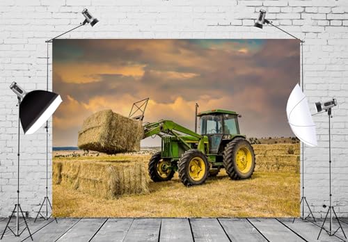 BELECO 8x6ft Fabric Farm Tractor Photography Backdrop Countryside Ranch Green Tractor Hay Bales Fall Harvest Photography Background Autumn Themed Party Decoration Photo Studio Props - size: 8x6ft