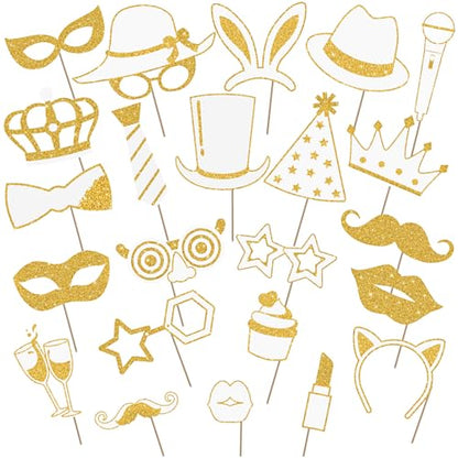 Zonon 24 Pcs Funny Photo Booth Props Class of 2026 Graduation Birthday Wedding Family Class Reunion Prom Disco Party Celebration Decoration Supplies Mix of Hats, Lipstick, Tie(White and Gold) - color: White and Gold