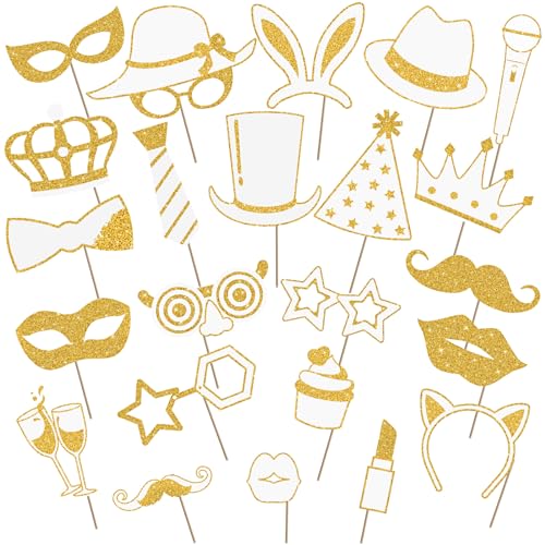 Zonon 24 Pcs Funny Photo Booth Props Class of 2026 Graduation Birthday Wedding Family Class Reunion Prom Disco Party Celebration Decoration Supplies Mix of Hats, Lipstick, Tie(White and Gold) - color: White and Gold