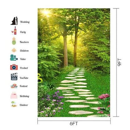 Spring Scenery Backdrop 6x9ft Forest Path Sunshine Flower Photography Background Natural Scenery Photo Shoot Props Portrait Pet Photo Photography Backdrop - size: 6x9ft
