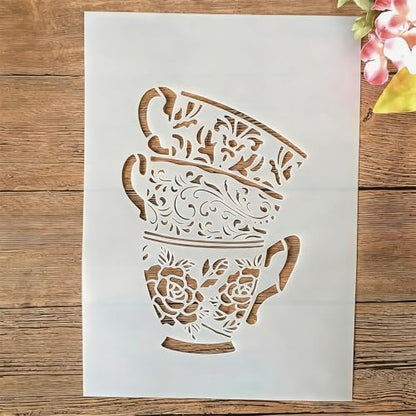 TIAMECH A4 Reusable Coffee Cup Stencil for Painting - Three Tea Cup Layering Template, DIY Wall Art, Wood Furniture, Scrapbook & Crafts (8.3x11.7inch) - style: Cups