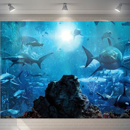 10x8ft Fabric Shark Theme Backdrop Deep-sea Ocean Shark Reef Aquarium Photography Background Birthday Theme Party Decoration Banner Kid Diver Portrait Photo Studio Props - size: 10x8 FT