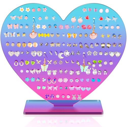 NiHome Heart-Shaped Acrylic Earring Holder Stand for Studs & Dangles, Romantic Jewelry Organizer, Vanity Dresser or Boutique Decorative Display Holds 75-80 Pairs with 171 Holes (Blue to Pink Gradient) - color: Blue to Pink Gradient