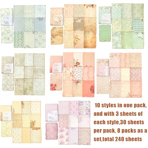 240 Sheets Vintage Floral Scrapbook Paper & Textured Paper Set - 8 Pack Mixed Scrapbook Supplies for DIY Scrapbooking Planner Bullet Junk Journal Supplies Collage Background 3.9x5.5 Inch