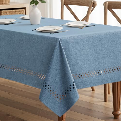 MIULEE Dusty Blue Rectangle Linen Polyester Tablecloth with Decorative Cutouts Waterproof Stain Resistant & Shrink-Proof Table Cloth 60x104 inch Farmhouse Style for Dining Wedding Party - color: Dusty Blue, size: 104" x 60" (Rectangular)