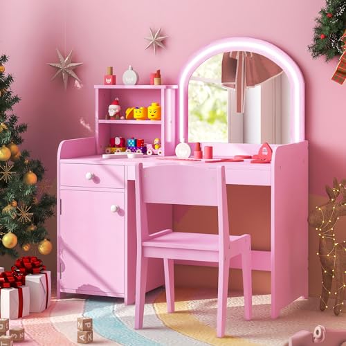 Costzon Kids Vanity with Lights, 2 in 1 Princess Makeup Desk & Chair Set with Lighted Mirror, Drawer, Storage Shelves & Cabinet, Toddler Dressing Table, Vanity Set for Little Girls (Pink) - style: Pink with Cabinet