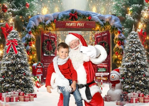 8x6ft Fabric Christmas Backdrop Winter Forest Wooden Barn Door North Pole Snowy Xmas Tree Photography Background Family Holiday Party Decor Photo Props 346 - size: 8x6ft