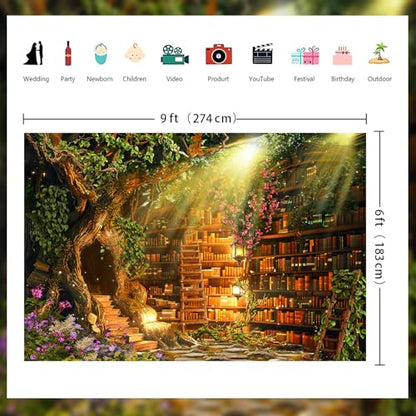 Fairy Woodland Library Backdrop Spring Enchanted Forest Bookshelf Book Tree Photography Backgrounds Magic Nature Girl Birthday Party Decorations Banner Photo Booth Props 9X6ft - size: 9X6ft
