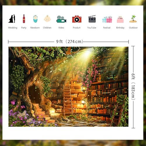 Fairy Woodland Library Backdrop Spring Enchanted Forest Bookshelf Book Tree Photography Backgrounds Magic Nature Girl Birthday Party Decorations Banner Photo Booth Props 9X6ft - size: 9X6ft