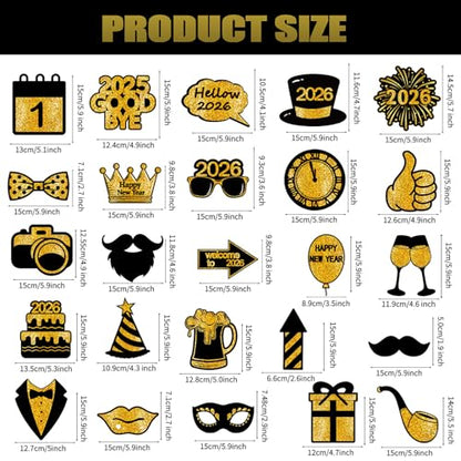 25 Pcs Happy New Year Photo Booth Props 2026 Eve Party Supplies Holiday Celebrations Black Gold Funny Table Decorations Accessories