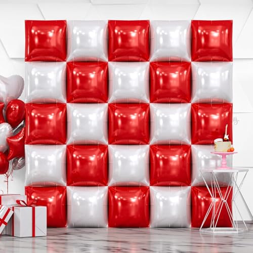 NISOCY 25PCS Red White Square Foil Balloons Wall Double Backdrop Sided Red Pearl White Balloon Tunnel Arch Kit for Christmas Birthday Valentine's Day Baby Shower Wedding Party Decorations - color: A02 - Red and Pearl White, size: 25PCS