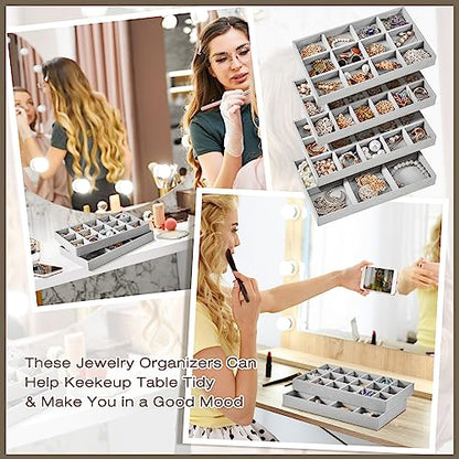 Junkin 12 Pcs Jewelry Tray Velvet Stackable Jewelry Organizer Trays Divided Earring Accessories Storage Containers Box (Rose Red) - color: Gray