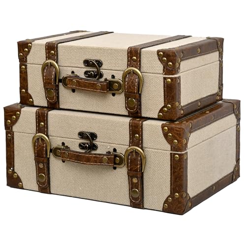 DECOR4SEASON Rustic Linen Decorative Storage Trunk Set, Vintage Canvas Fabric Nested Treasure Chests with Brown PU Leather Trim and Brass Accents, Set of 2 Faux Suitcase Home Decor Boxes - color: Natural Linen, size: 13.7" & 12" (Set of 2)