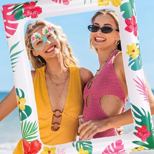 Hawaiian Party Photo Booth Props Kit, 30 PCS Luau Photo Booth Props with Large Inflatable Selfie Picture Frame for Hawaiian Tropical Tiki Summer Pool Party Supplies - size: Hawaiian Inflatable Frame