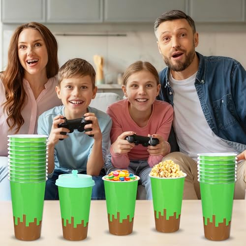 48 Pack Pixel Party Favors Goodie Cups Video Game Birthday Party Cups 16 oz Reusable Pixel Game Themed Plastic Cup with Lid Plugs for Gamer Pixelated Birthday Shower Decorations