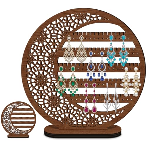 Kathfly Large Boho Moon Earring Display Stand for Mother's Gift 10 Inch Wooden Floral Goth Earrings Stud Jewelry Holder Organizer Dangle Hanging Holder Gift for Women(Brown) - color: Brown