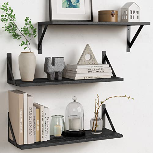 Forbena Large Floating Shelves for Wall 24 Inch Long Set of 3, 8 in Deep Wall Bookshelf for Bedroom Living Room, Wooden Heavy Duty Hanging Book Shelves for Office Kitchen Closet Storage (Black) - color: Black, size: 24 Inches