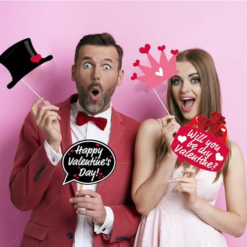 Valentine's Day Photo Booth Props Lovers Selfie Photobooth Props for Photography Funny Heart Rose Glasses Beard Lips Hat Wedding Props Decoration for Valentine's Theme Party Supplies 25 Pcs