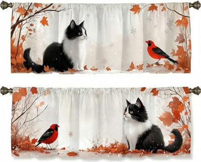 Cat Curtains, Two-Pack, Autumn Cozy Winter Forest Snow, Suitable for Kitchen, Bathroom, Bedroom, 54x18 inches. - color: Cat