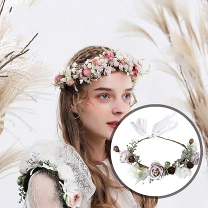 Vintange Flower Headband, Purple Flower Pine Cone Wreath, Women Boho Headpiece, Floral Crown for Bridal Wedding Party Festivals Photo Props
