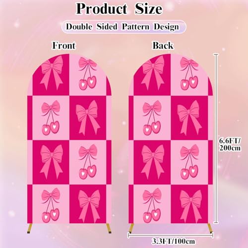 6.6FT Wedding Arch Backdrop Cover Seamless Checkered Pink Cherries Bows Graphics Spandex Fitted Fabric Round Top Stretchy Stand Covers for Baby Shower Birthday Party Decoration - color: Color8, size: 6.6x3.3 FT