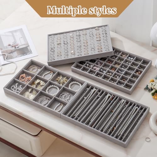 Large Velvet Jewelry Tray 2 Pack Stackable Jewelry Display Drawer Inserts Trays Organizer for Earring Bracelet Necklace Ring (Gray, 12 Grids) - color: Gray, size: 12 Grids