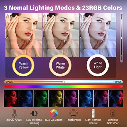 Yesker Ring Light with Tripod Stand and Phone Holder 18 Inch RGB Ringlight 25 RGB Modes Bi-Color Adjustable 2700–7000K LED Selfie Halo Light Kit for Live Stream Photography Zoom Makeup Youtobe Tiktok - size: 18" RGB Ring Light