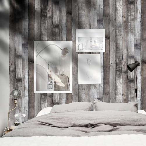 Peel and Stick Wood Wallpaper Grey/Black Vinyl 17.3"×400" Contact Paper Self Adhesive Thick Waterproof Self Adhesive for Cabinets liveroom - color: Grey/Black, size: 17.3" x 400"