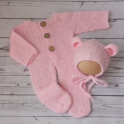 Newborn Photography Props Boys Girls Outfits Mohair Bear Hat Bonnet & Footed Romper Bodysuit Photoshoot Costume Set - color: Pink