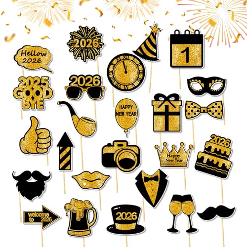 25 Pcs Happy New Year Photo Booth Props 2026 Eve Party Supplies Holiday Celebrations Black Gold Funny Table Decorations Accessories