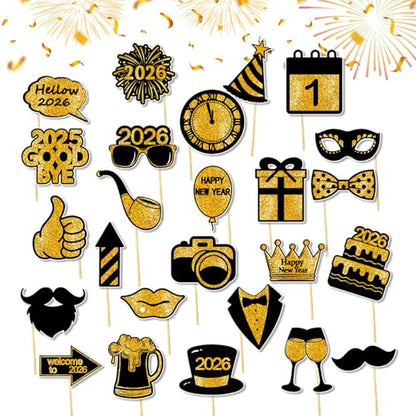 25 Pcs Happy New Year Photo Booth Props 2026 Eve Party Supplies Holiday Celebrations Black Gold Funny Table Decorations Accessories
