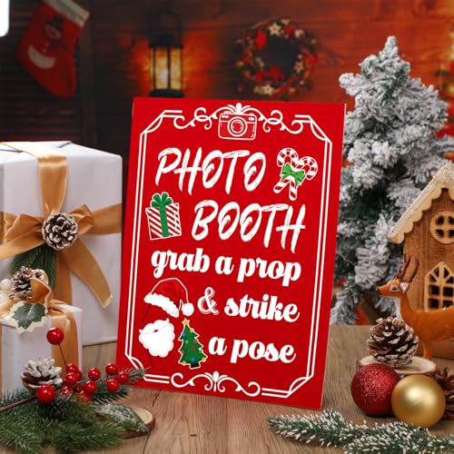 Briwooody Photo Booth Sign with Stand Retro Background Table for Christmas Indoor and Outdoor Party Theme Event Photography Props Desktop Decoration Supplies - style: Christmas