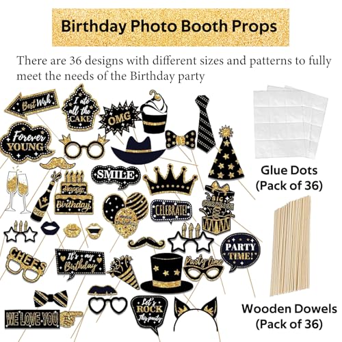 36PCS Birthday Photo Booth Props Party Supplies, Black Gold Photo Booth, Holiday Picture Decorations for Party Selfie Party Decorations and Gifts - size: Black Gold Photo Booth Props