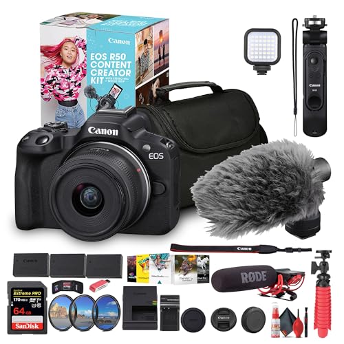 Canon EOS R50 Content Creator Kit with 18-45mm Lens | Mirrorless Camera with Tripod & Flip Screen (Black) + Mic + 64GB Card + Filter Kit + Photo Software + Bag + 2 x LPE17 Battery + More