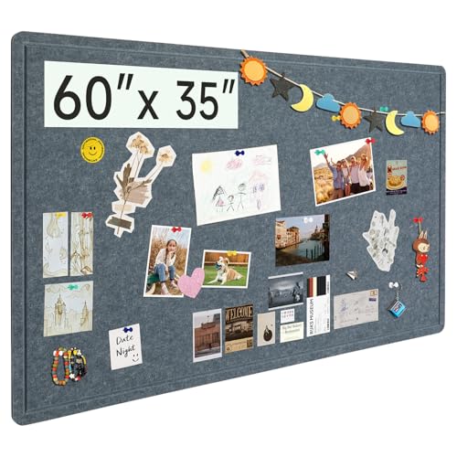 Large Felt Bulletin Board, 60 X 35 Inches Decorative Pin Board, Cork Board Alternative, Foldable Photo Felt Board with Self-Adhesive Tape and 36 PushPins - Grey