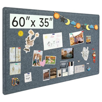 Large Felt Bulletin Board, 60 X 35 Inches Decorative Pin Board, Cork Board Alternative, Foldable Photo Felt Board with Self-Adhesive Tape and 36 PushPins - Grey