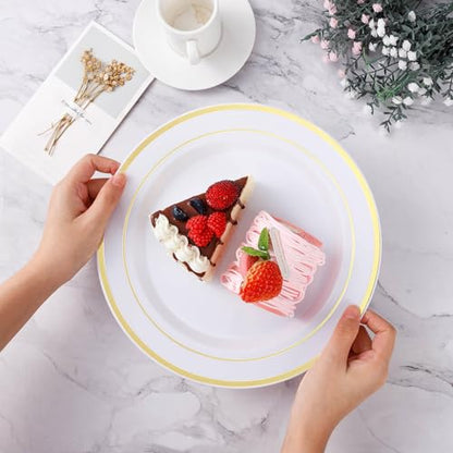 BESTVIP 50PCS Gold Plastic Plates, 10.25 Inch Disposable Dinner Plate Party with Gold Rim, Heavy Duty Disposable Plastic Plates for Christmas, Thanksgiving, Party, Wedding and Birthday - color: Gold, size: 50PC